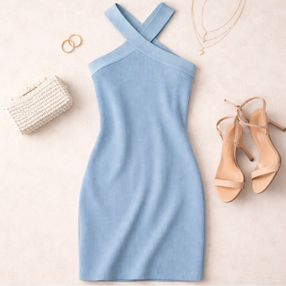 House Of Harlow 1960 Blue Criss Cross Halter Ribbed Knit Mini Dress Size Large